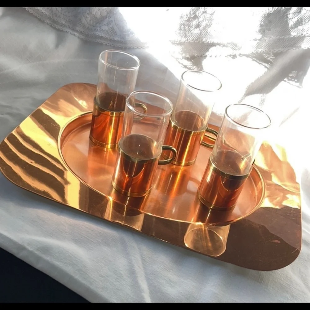 BEUCLER COPPER AND BRASS IRISH COFFEE SET OF FOUR 4 GLASSES VINTAGE